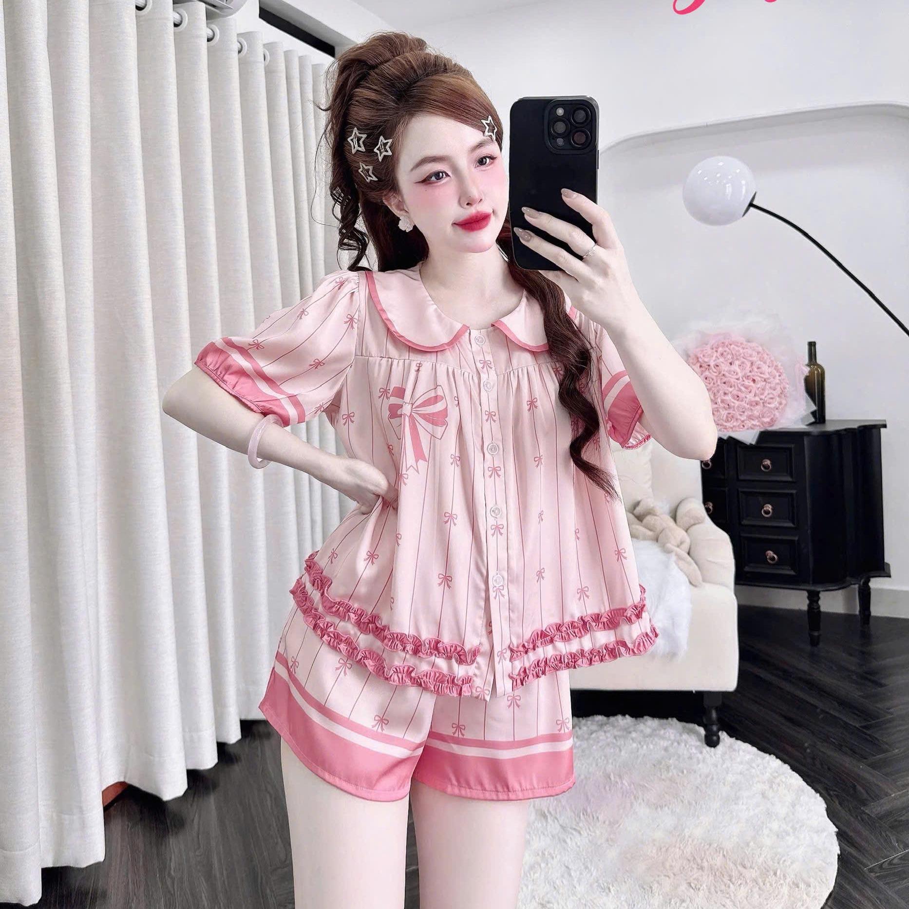 đồ ngủ đùi thiết kế tay bo cổ sen tiểu thư (DB196)