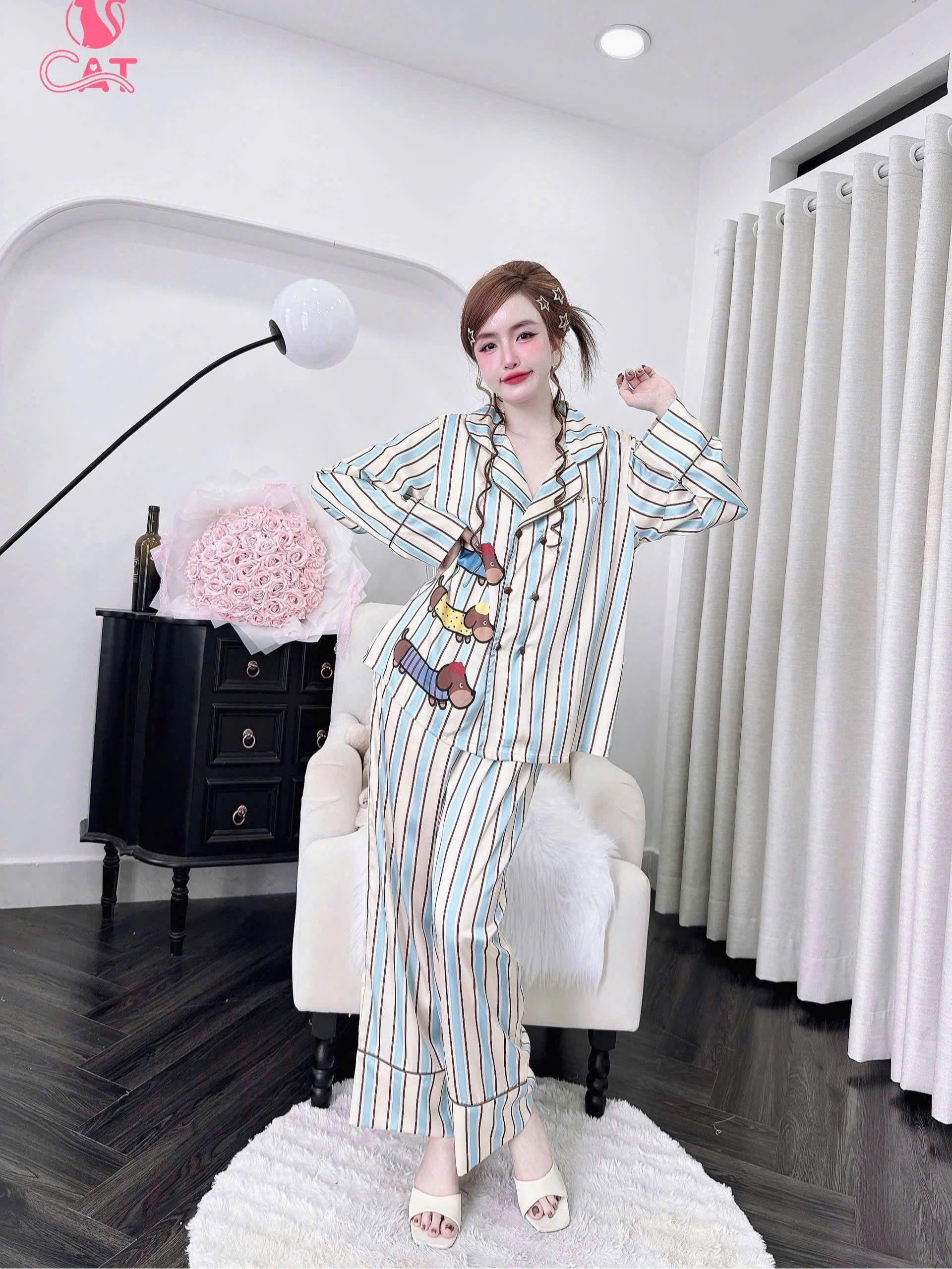 Đồ ngủ pijama tay dài quần dài thiết kế nút đôi in họa tiết sắc nét (DB221)
