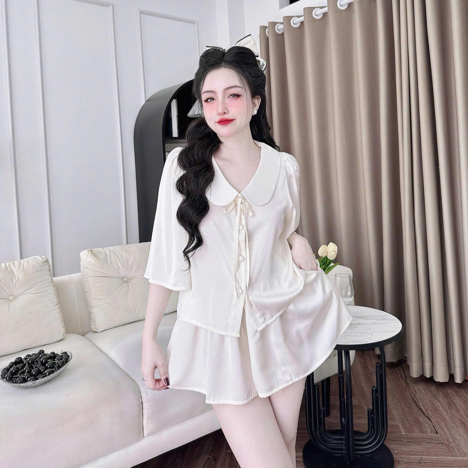 Đồ ngủ pijama thiết kế cổ sen xinh xắn lụa latin tơ tằm (DB19)