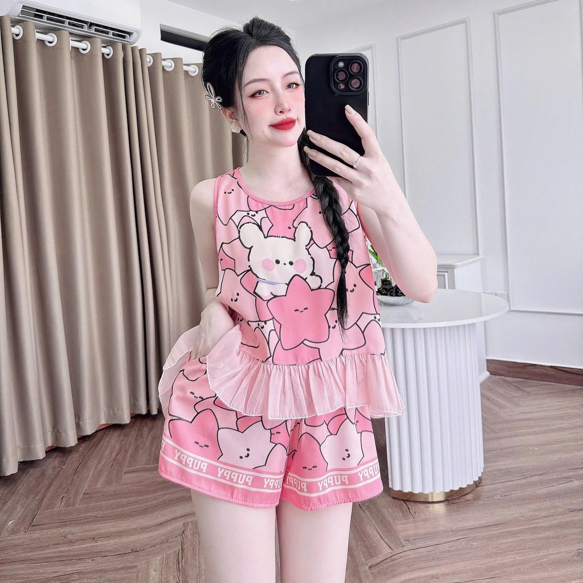 Đồ ngủ ngắn tay phối voan họa tiết xinh xắn